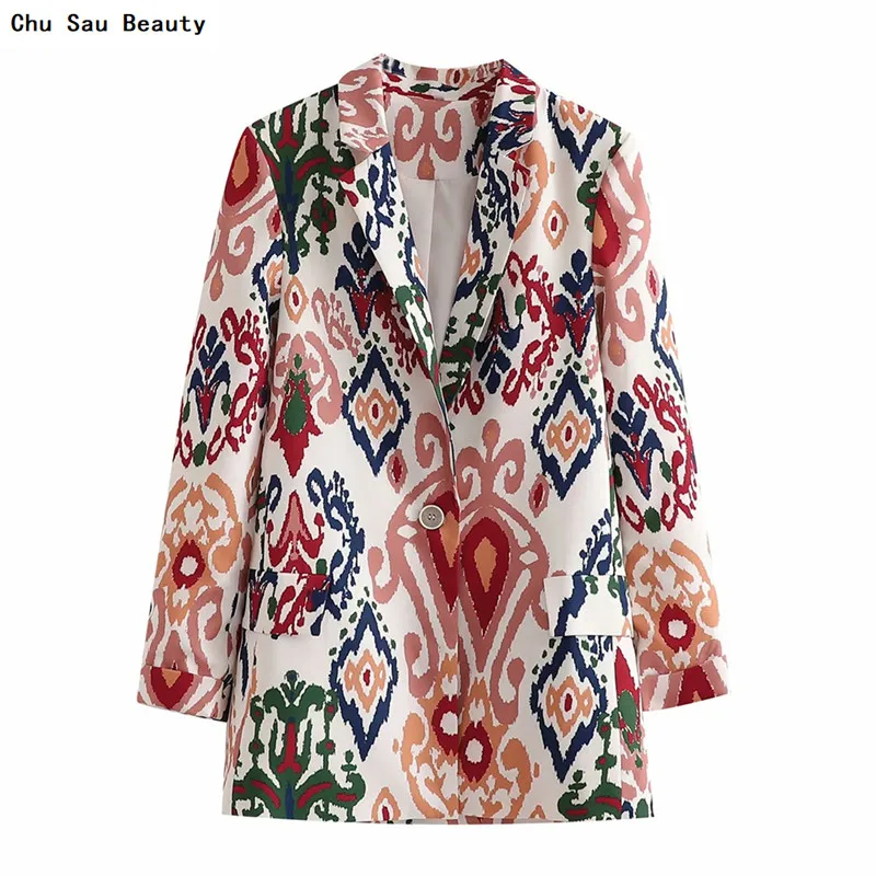 

Chu Sau Beauty 2021 New Women's Printed Suit Jacket Autumn Ladies Fashion Retro Single-Breasted V-Neck Long-Sleeved Coat