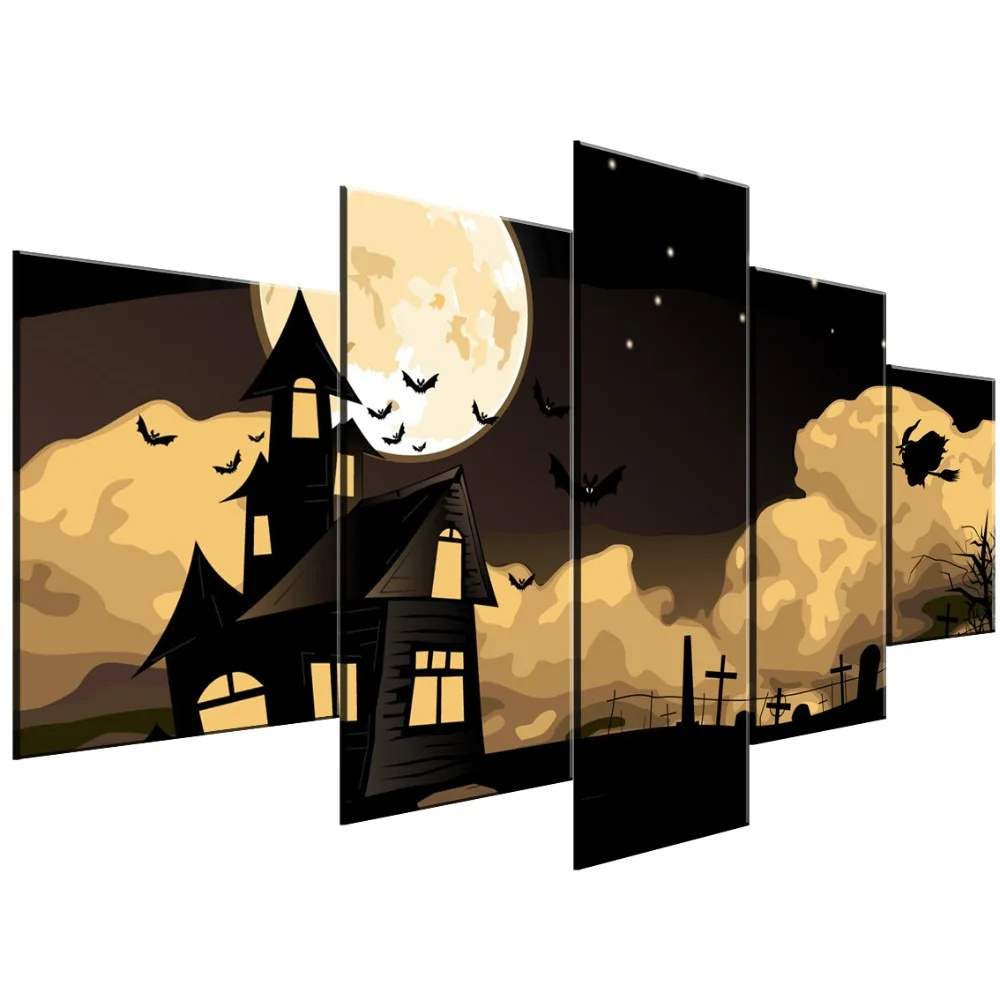 

5 Piece Canvas Art Halloween Witch Bat Castle Modern Decorative Paintings on Canvas Wall Art for Home Decorations Wall Decor