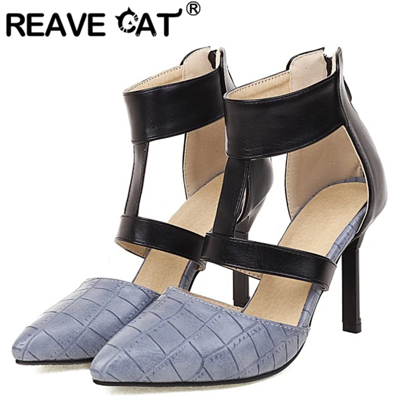 

REAVE CAT Pumps Shoes Pointed Toe High Heels Zipper Ankle Stripe For Ladies Large Size 32-48 Black Green Red Beige Spring A4595