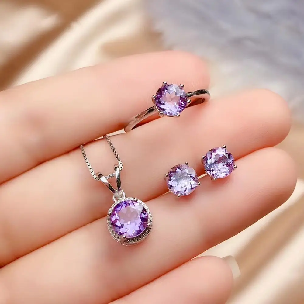

Small delicate round Natural amethyst gem S925 silver ring Pendant earrings natural crystal Jewelry Set girl party gift jewelry