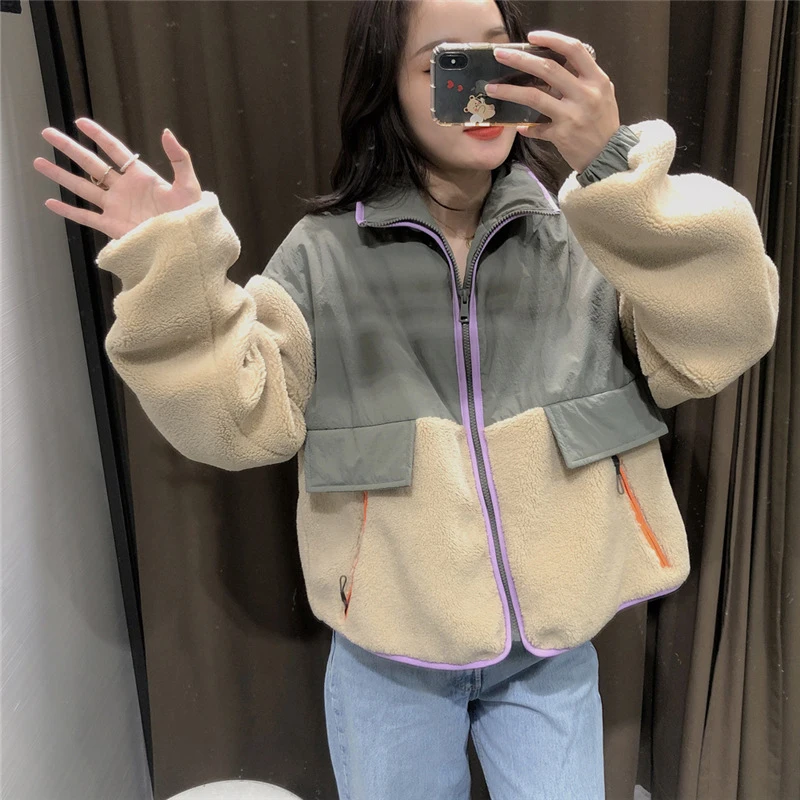 

HWLZLTZHT 2021 Autumn Winter Warm Lambswool Patchwork Jacket Coat Women Chic Pockets short Overcoats Female Casual Loose Outwear