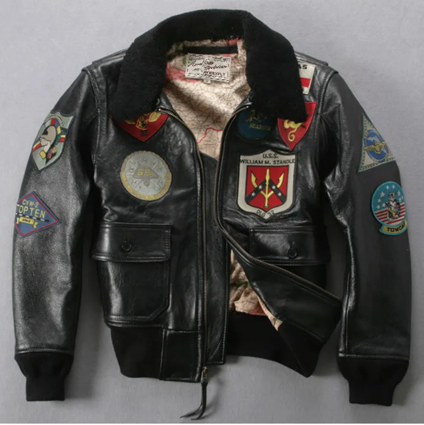 

fur Avirex fly collar genuine leather jacket men brown thick sheepskin flight jacket black men's winter leather coat pilot suit