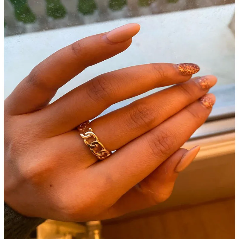 

Fashion Gold Color Plating Chain Shape RING For Women Vintage Gothic Chunky Midi punk Ring Antique Jewelry Accessory