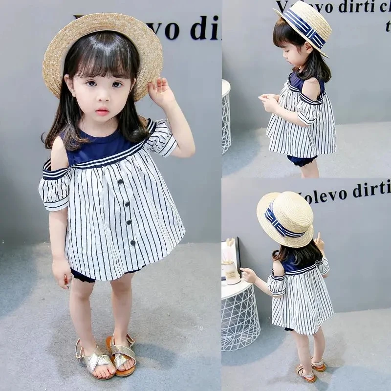

Baby girls short sleeve T-shirt off shoulder tops summer new Korean girls loose clothes thin summer fashion t-shirts P4 413