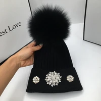 hat really new winter skullies beanies with fox fur bulb diamond flower for women fashion popular logo warm