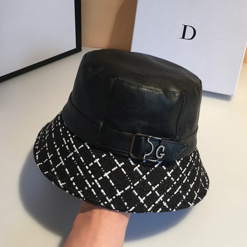 Top brand women luxury patchwork buckle basin caps Faux leather Bucket hat  KDOU024