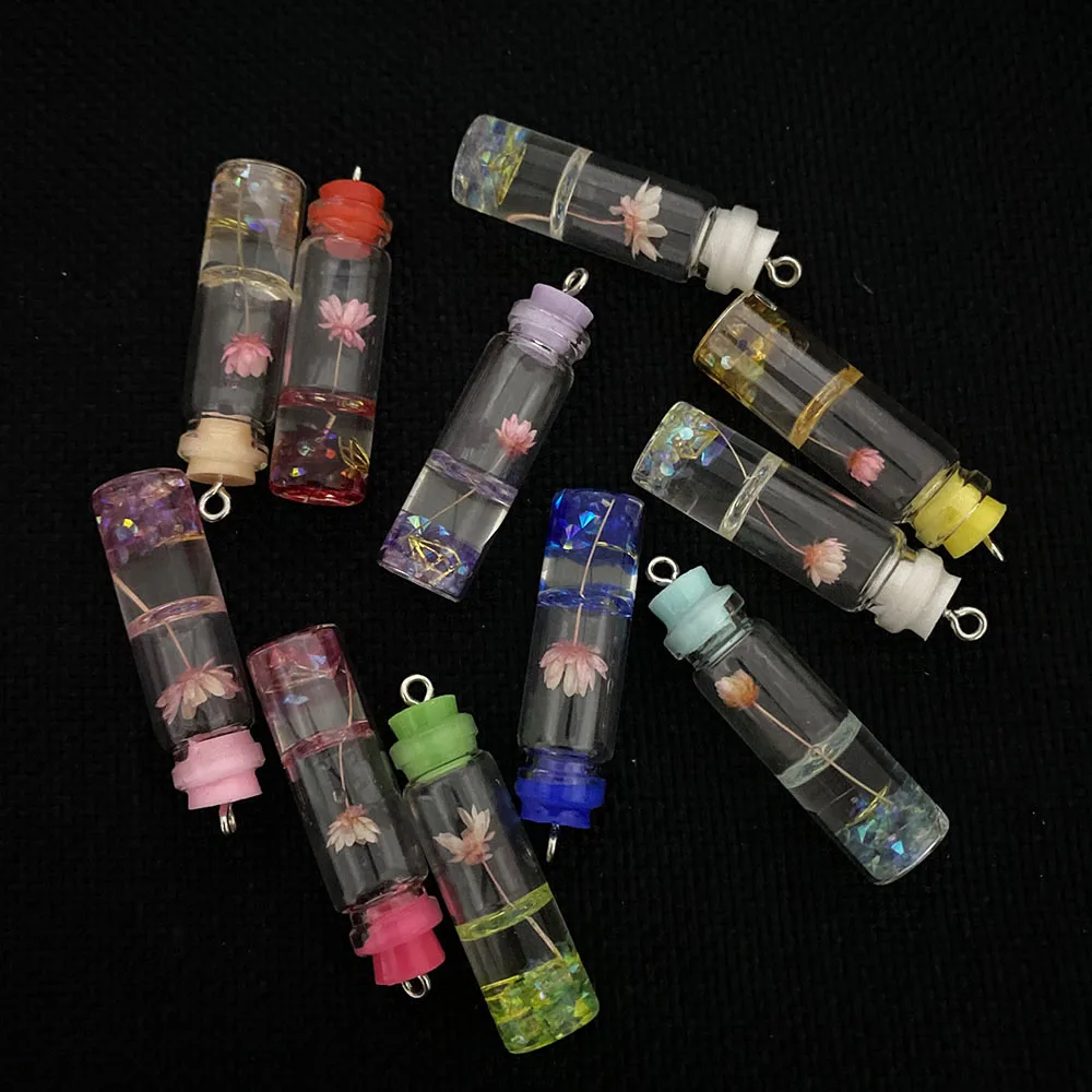

Wholesale 10pcs/pack Transparent Resin Mini Glass Bottle Lotus Diamond Pendant DIY Jewelry Making Fashion Jewelry Accessories