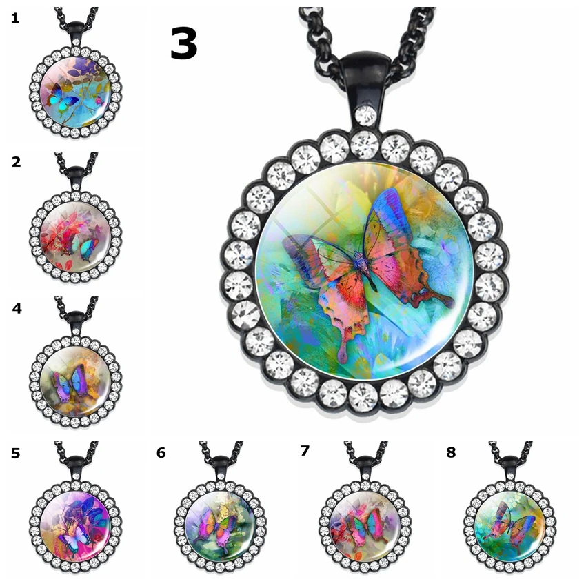 

Colorful Butterfly Round Rhinestone Pendant Glass Cabochon Black Chain Necklace Fashion Men Women Party Jewelry Accessories