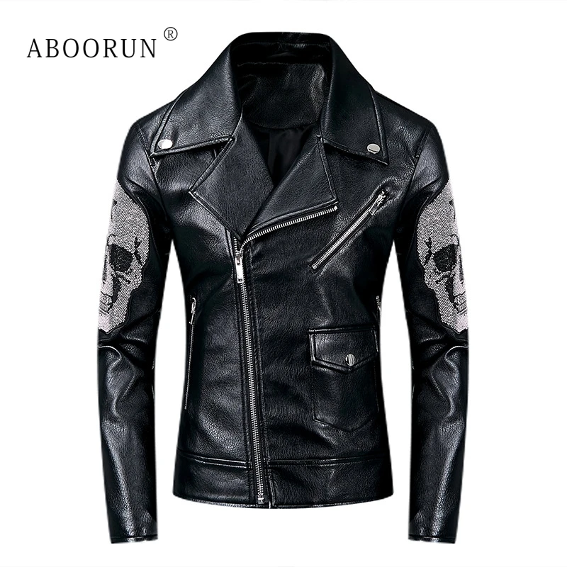 Мужская кожаная куртка ABOORUN черная облегающая Байкерская в стиле панк с черепами