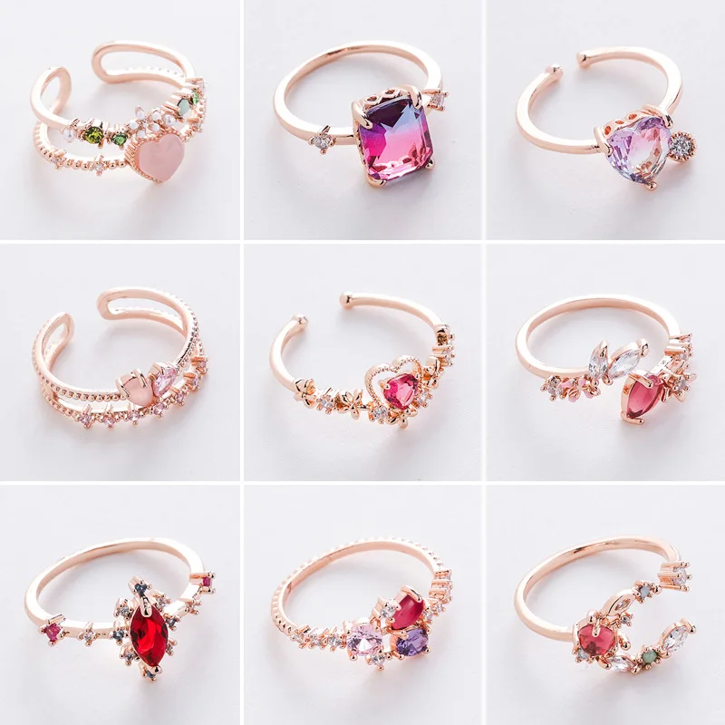 

Korean version of the new variety of micro-inlaid crystal zircon ring sweet French elegant flower ring popular jewelry