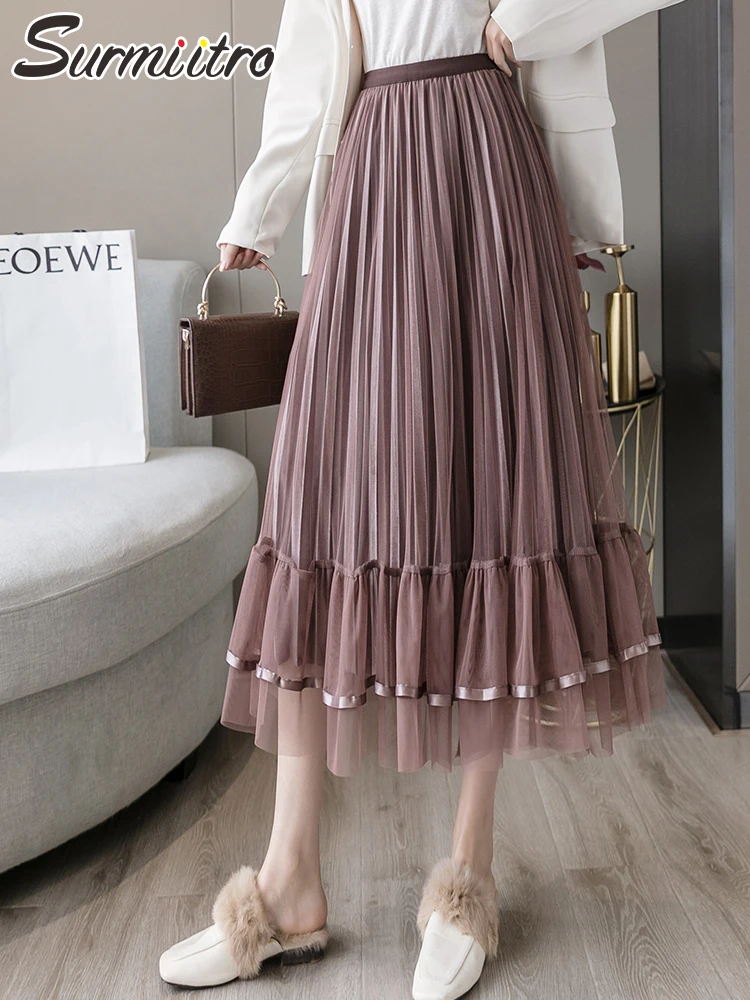 

SURMIITRO модная Корейская стильная элегантная сетчатая миди длинная Плиссированная фатиновая юбка женская юбка средней длины с высокой талие...