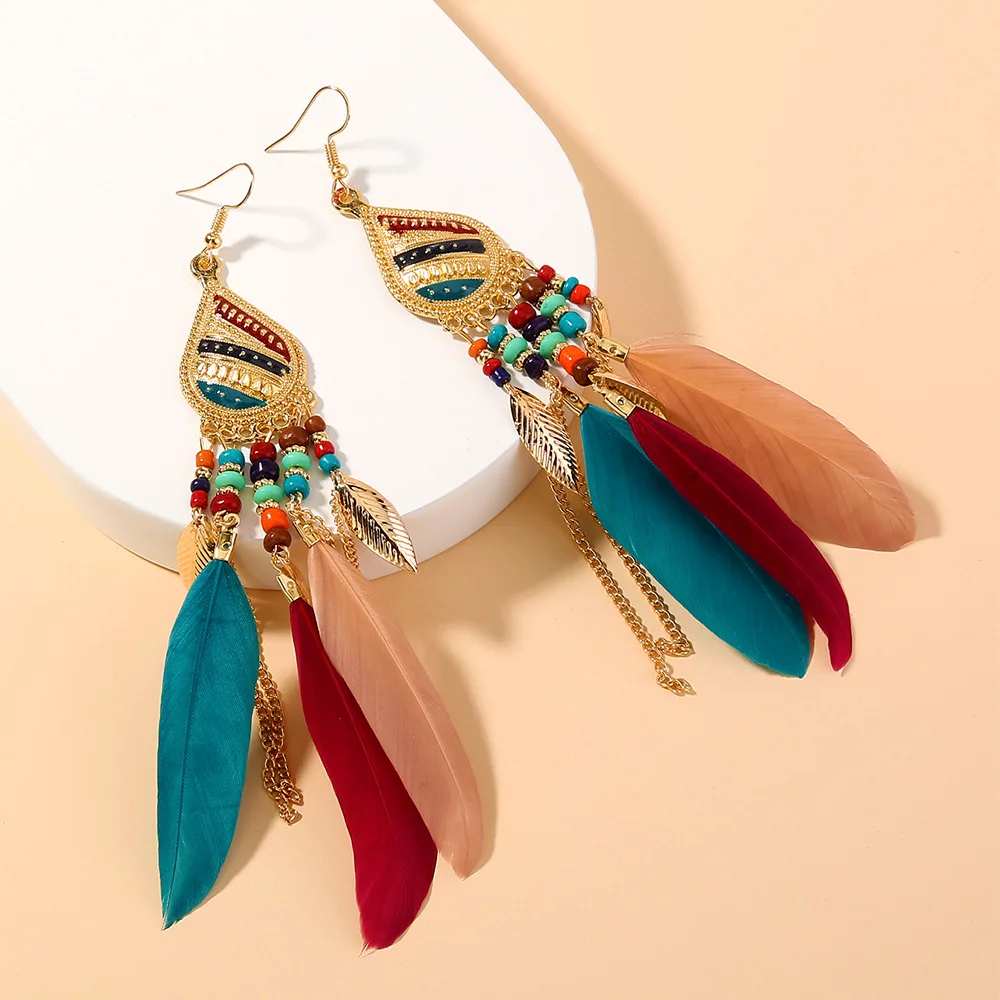 

Retro palace ethnic style wild prom wedding jewelry bohemian feather tassel earrings women's Valentine's day gift wholesale