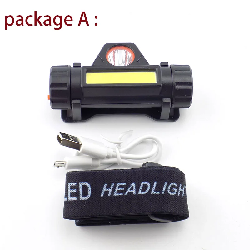 Package A Мини COB светодиодный налобный фонарь Головной фонарь Linterna фронтальная лампа USB перезаряжаемая Встроенная 18650 для кемпинга и пеших прогулок в ночное время - Испускаемый цвет: Package A