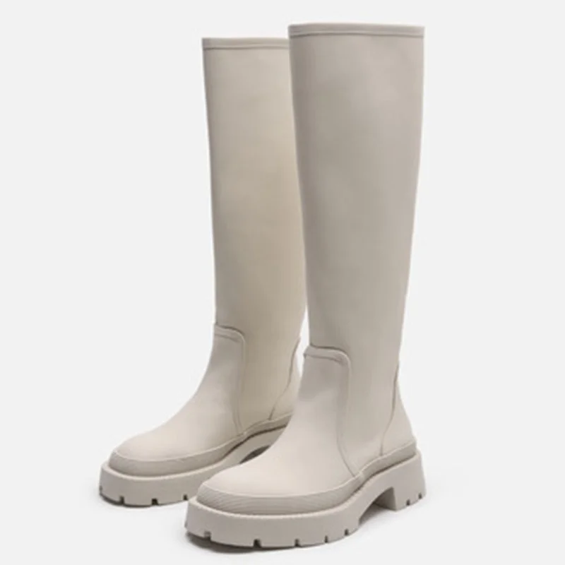 

Za New Women's Long Boots Autumn Winter Knee-High Boots Fur Leather Chunky Heels Platform Fashion Ladies Shoes Ankle Boots