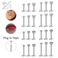 zs 3 4 pcslot plug in style stainless steel labret lip piercing set 234mm cz crystal ear cartilage tragus helix piercings16g