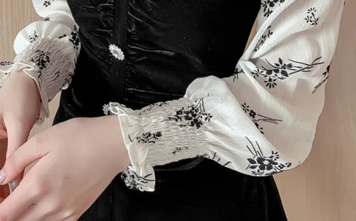

Winter Elegant Party Night Chiffon Floral Print Velet Dress Autumn A-Line Mini Cocktail Dress Retro Ruffle Soft Party Dress