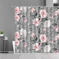pink rose flowers grey shower curtain spring floral plants print cloth curtains european home bathroom decor waterproof fabric