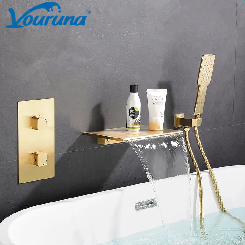 

Wall Mounted Waterfall Bathtub Faucet Bath Filler Shower Mixer Tap Spout with Hand Shower Black/Brushed Golden/Chrome