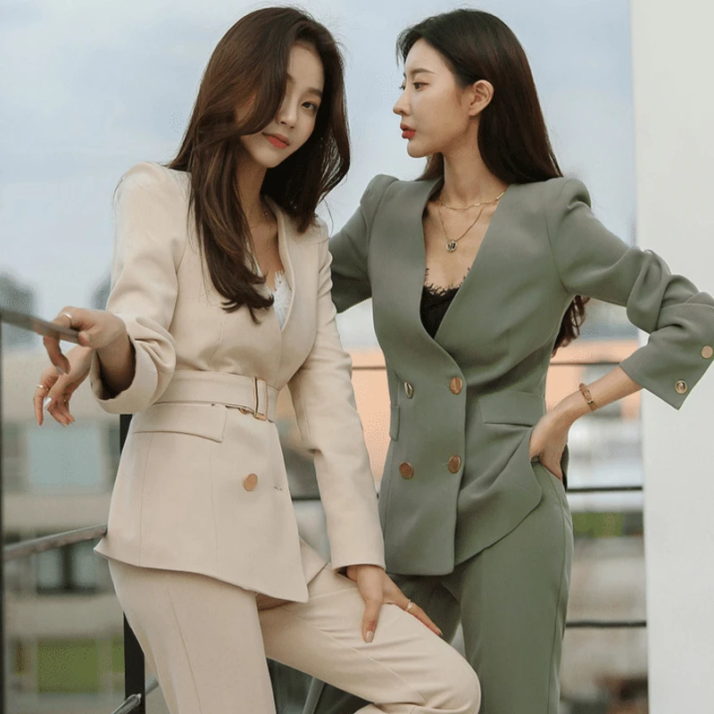 

Spring And Autumn Women's Office Suit V-Neck Green Two-Piece Sets Female Blazer Girly Elegant Temperament Pantsuit Setup Ladies