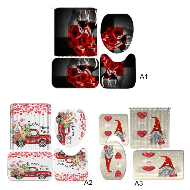 

Shower Curtains Waterproof Red Rose Flower Bathroom Decor Home Bathtub Curtain and Flannel Mat Valentine's Day Polyester Fabric