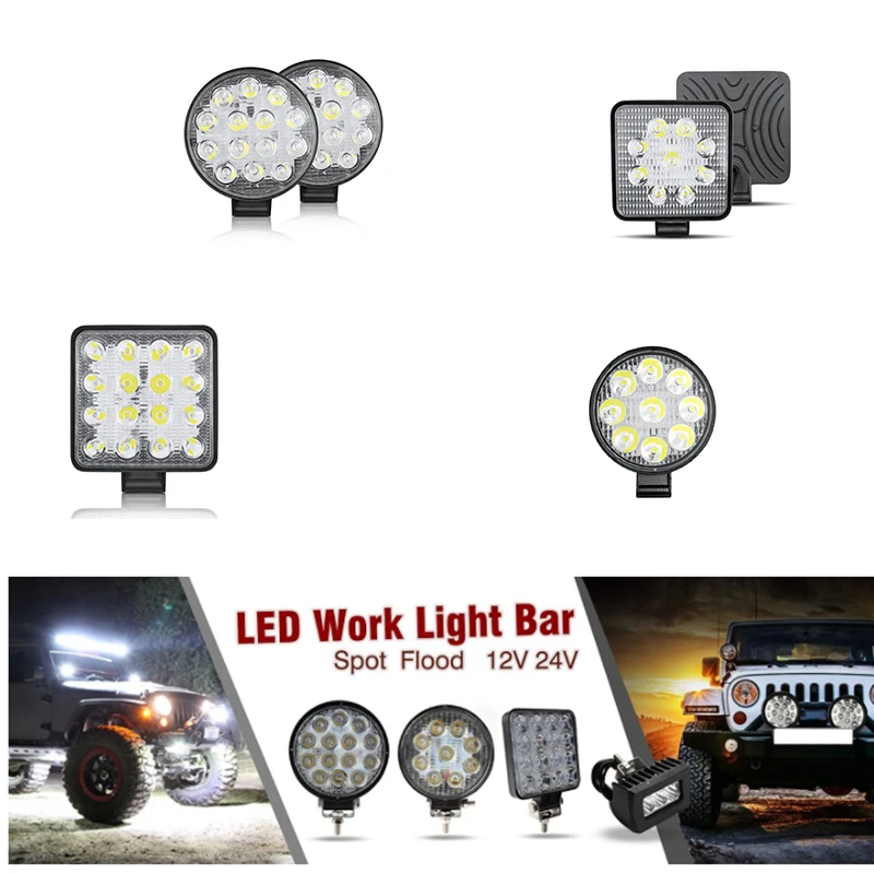 

New 9LED 27W 16LED 48W Work Light 12V 24V Car LED Spotlight Square Round Auto Truck Off Road Mini Ledbar Offroad Accessories