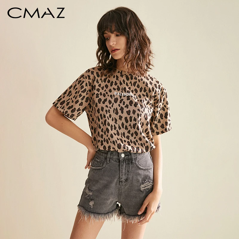 CMAZ Летняя повседневная стильная футболка с леопардовым принтом коротким рукавом