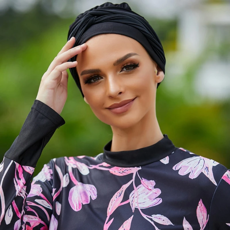 

H053 Muslim Modest Swimsuit with Hijab Cap Long Sleeve Floral Full Cover Bathing Suit