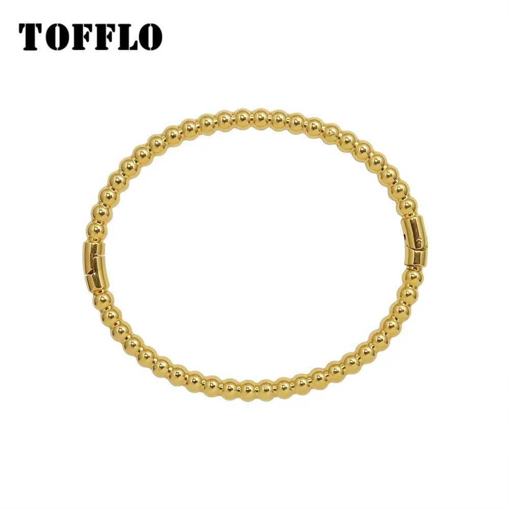 

TOFFLO Stainless Steel Jewelry Simple Round Bead Stitched Buckle Bracelet 18 K Golden Plain Circle Women's Retro Bracelet BSZ138