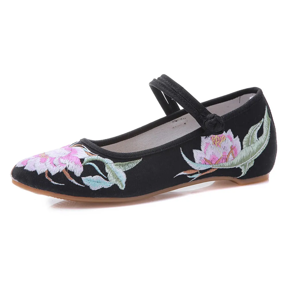 

YourSeason Retro Chinese Embroidery Ladies Canvas Pointed Shoes Instep Belt Women Casual Comfortable Ballet Flats Old Beijing