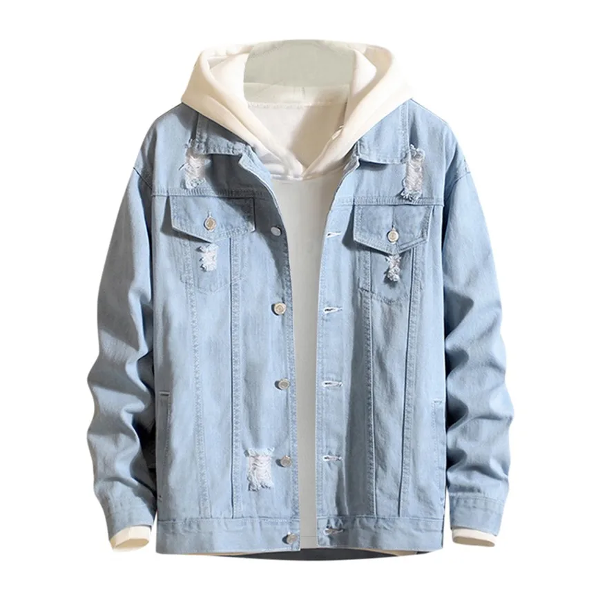 Light blue Джинсовая куртка мужская с длинным рукавом большого размера Мужская зимняя винтажная Потертая джинсовая куртка Верхняя одежда Jaqueta Masculino Y7 - Цвет: Light blue