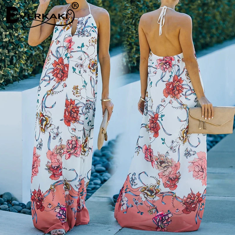 

Everkaki Floral Print Long Dresses Women Summer Beach Sexy Backless Sleeveless Halter Boho Plus Size Maxi Dress Female 2021 New