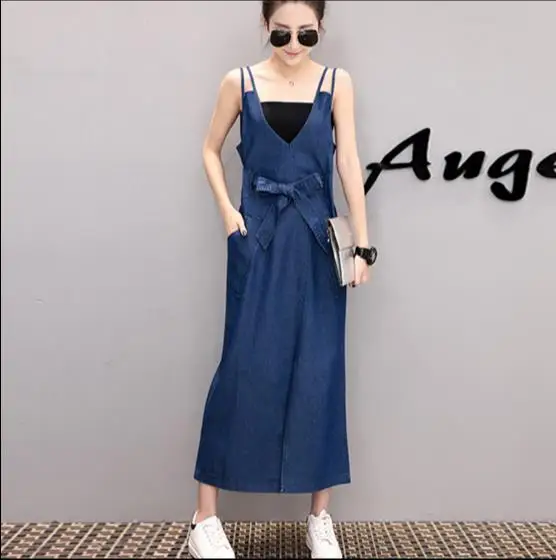 2019 женский длинный джинсовый сарафан без рукавов с поясом для работы и школы