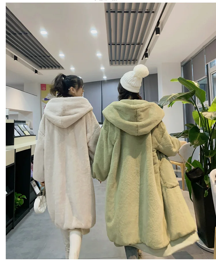 30 Degrees Fur Coat Women Casual Hoodies Furry Thick Warm Long Faux Rabbit Fur Jacket Loose Winter Coat Women OverCoat