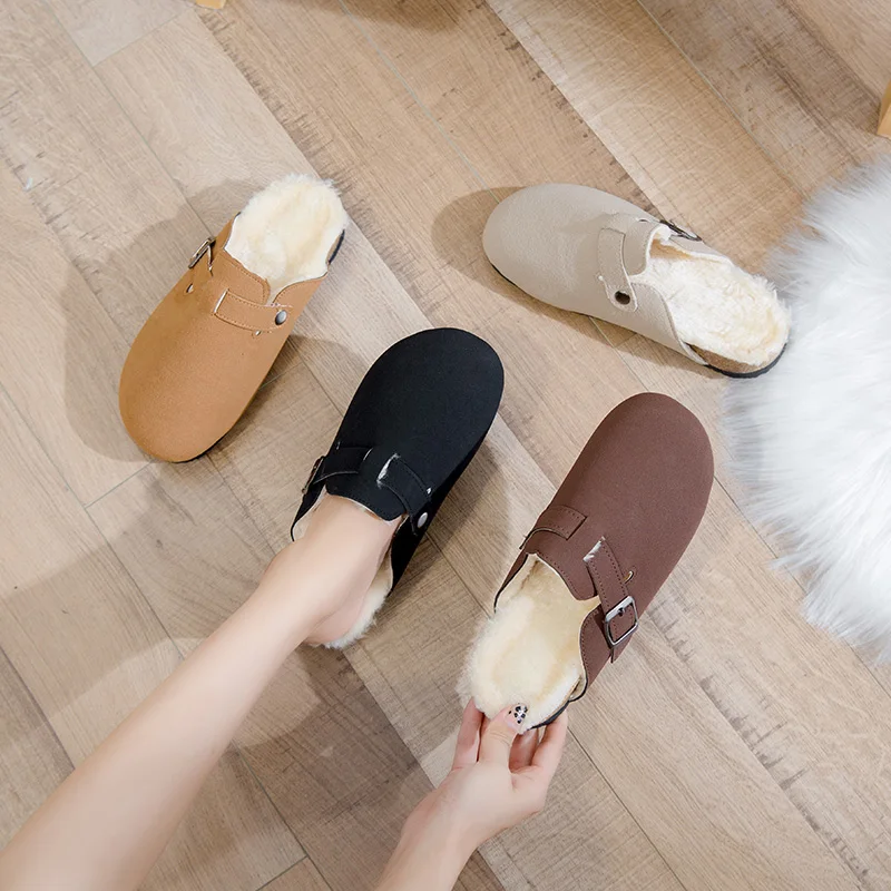 

Slippers Casual Shallow Shoes Woman 2021 Cover Toe Pantofle Flock Fur Flip Flops Loafers Luxury Soft New Flat Plush with fur Lei