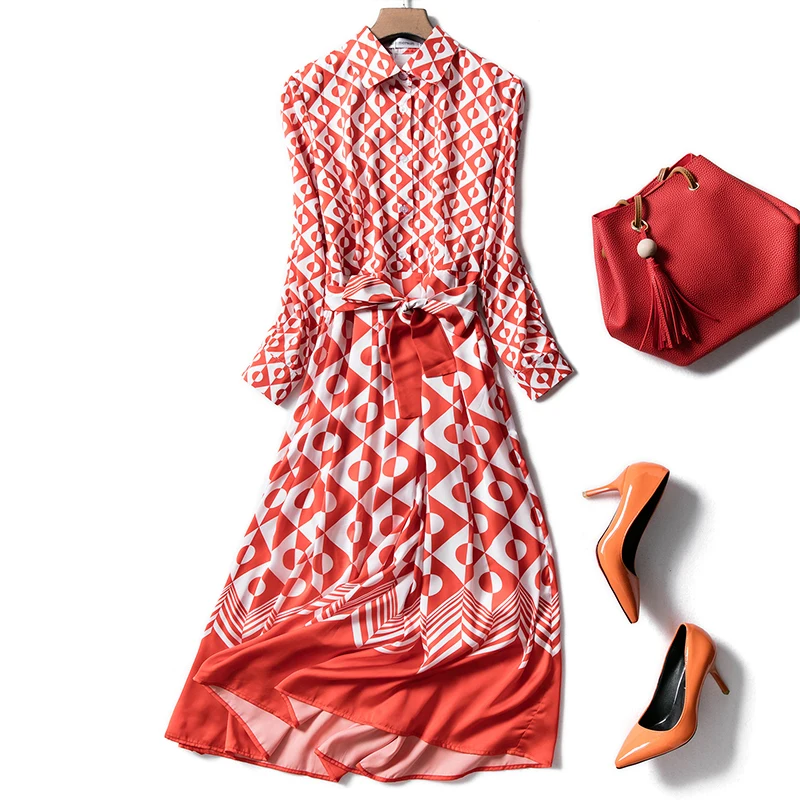 

High Quality Newest Fashion Runway Turn Down Collar Maxi Women's Sleeve Retro Art Printed Designer Bow Tie Long Dress