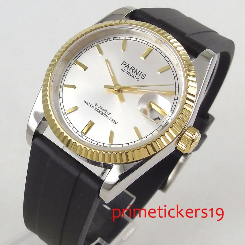 

36mm parnis white dial luminous date sapphire glass pin clasp automatic movement men's wristwatch PA1193