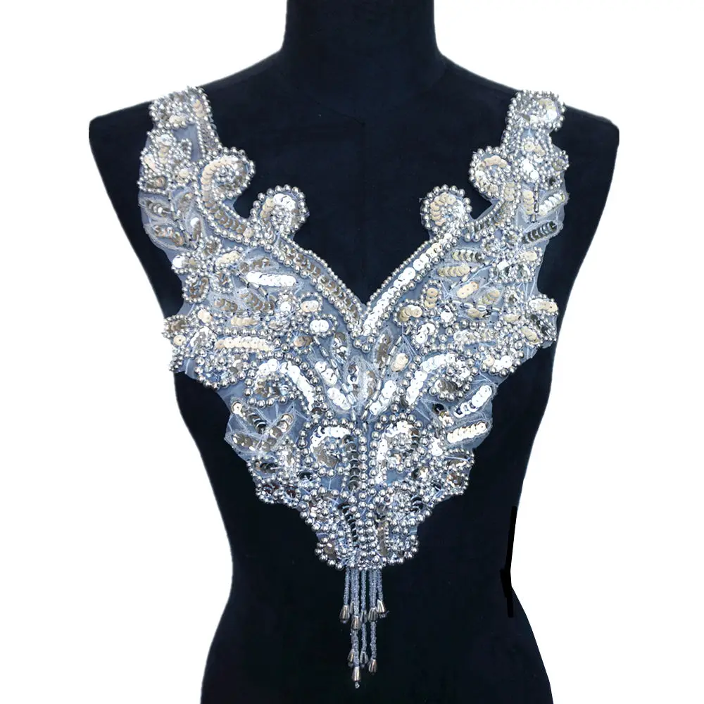Silver Золотая, серебряная, Радужная, бисерная ткань с блестками, воротник, аппликация, нашивка на одежду, благородная вышивка в стиле барокко для свадебного украшения, платье DIY - Цвет: Silver