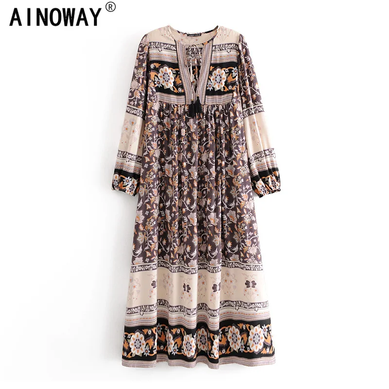 Винтажное шикарное женское платье с длинным рукавом и воротником этнический
