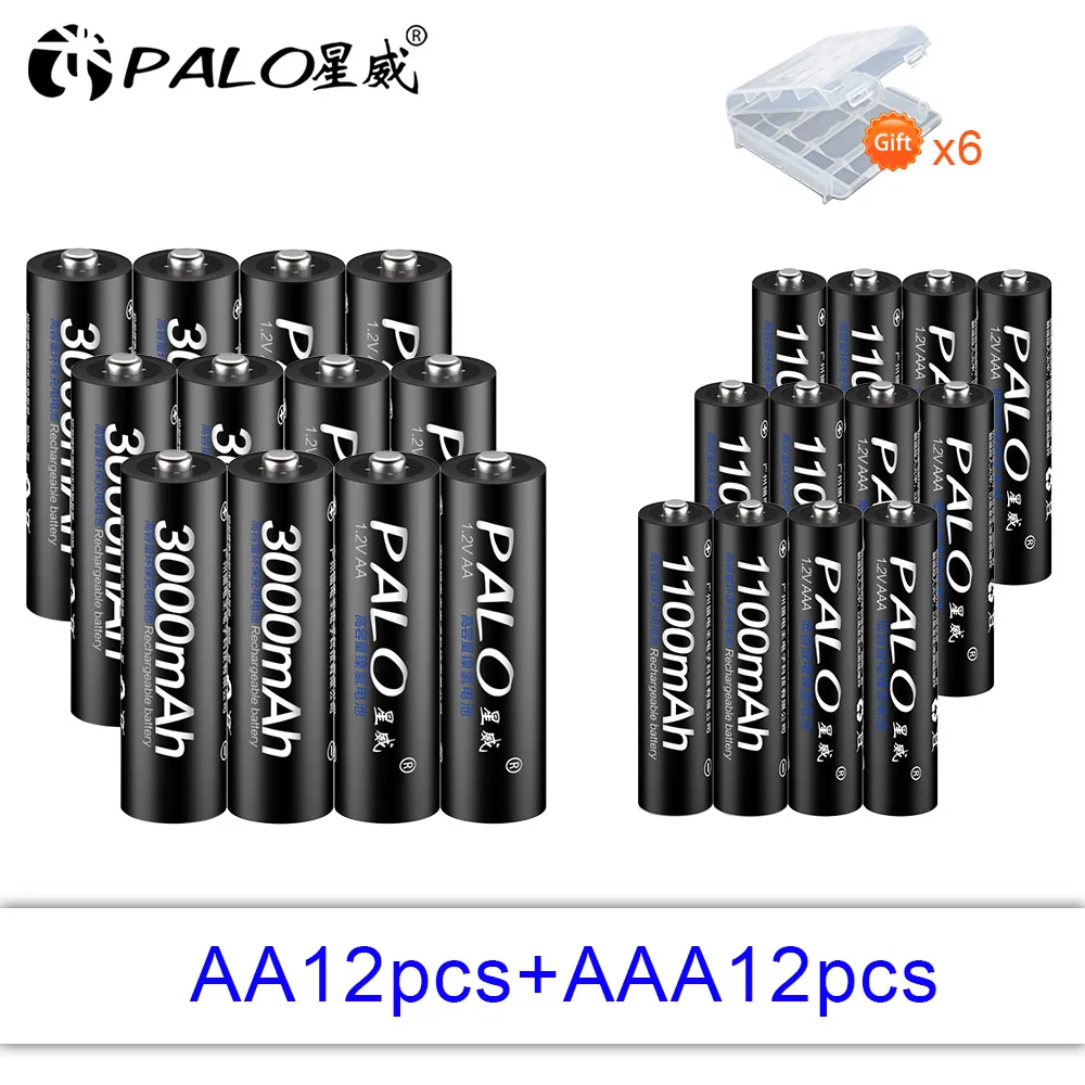 PALO 100% Оригинал 12 шт. AA Аккумуляторная батарея 1 2 в Ni MH + AAA аккумуляторная для