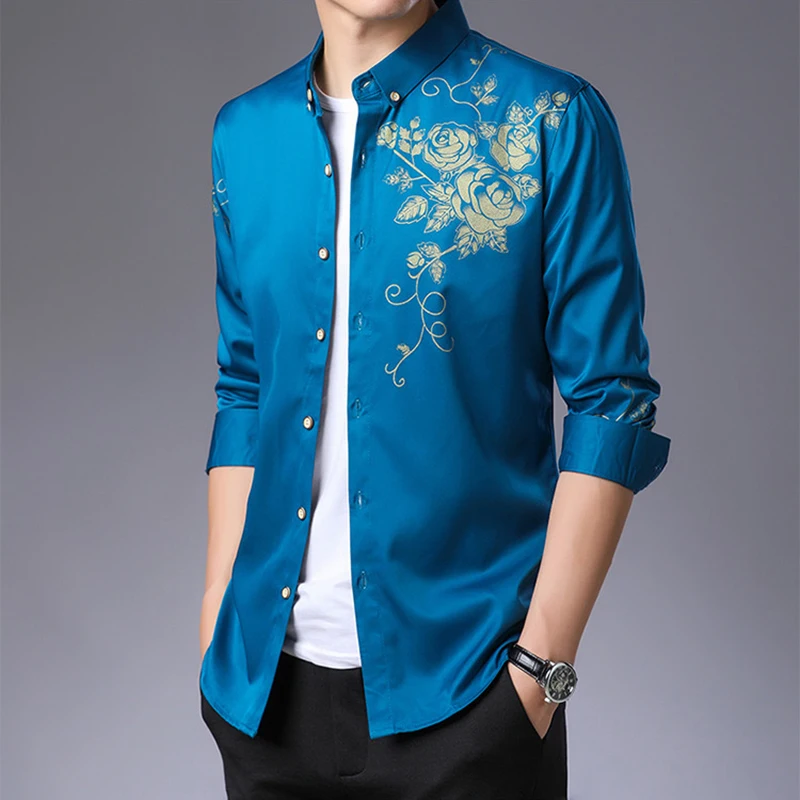 Brand Wine Red Mens Dress Shirts 2022 Fashion Golden Rose Flower Print Button Down Shirt Men Slim Fit Long Sleeve Chemise Homme