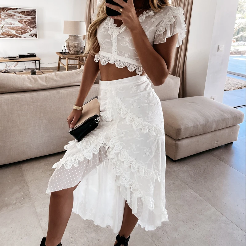 

2021 Summer New Casual Ruffles Splicing Skirts Set Petal Sleeve V Neck Top & High Waist Skirt Two Piece Fashion Slim White Suits