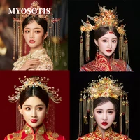 retro chinese gold phoenix headdress crown catwalk stage wedding hair accessories pearls beaded tassel tiaras