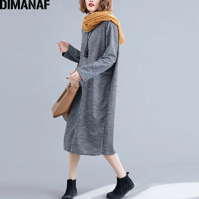 Niu99161CN-hui DIMANAF женское платье большого размера, осеннее, с длинным рукавом, со складками, базовое, повседневное, большой размер, женское, Vestidos, свободное, трикотажное, тонкое - Цвет: Niu99161CN-hui