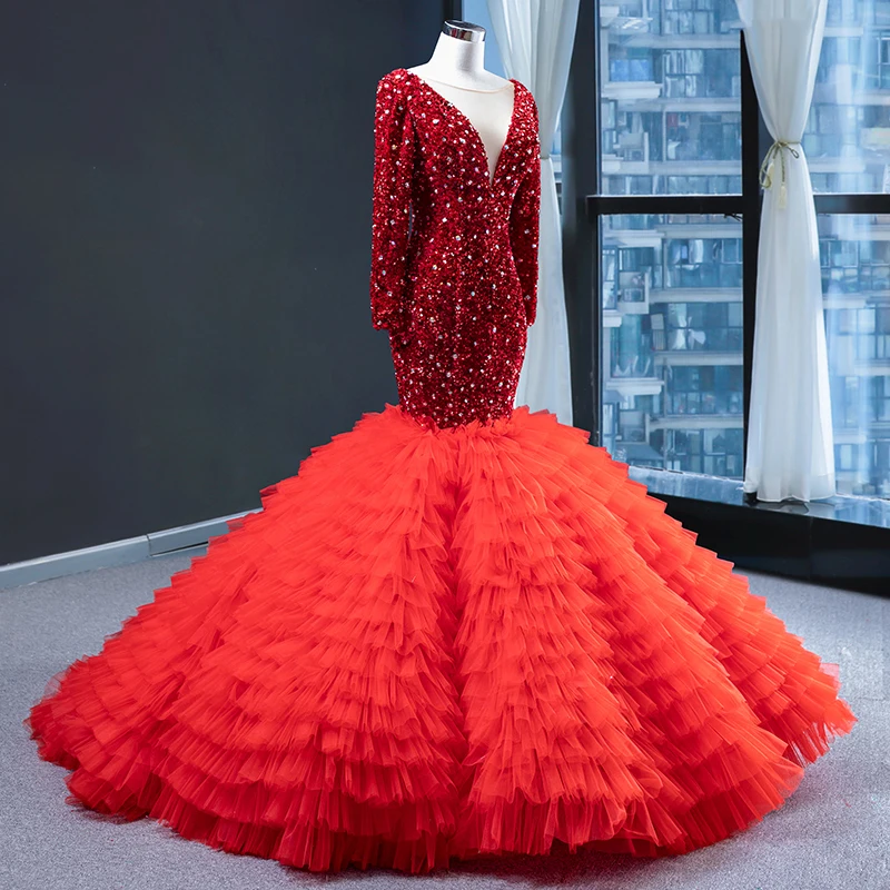 Вечернее платье с юбкой годе J67003 Длинное Красное Кружевное со шлейфом блестками