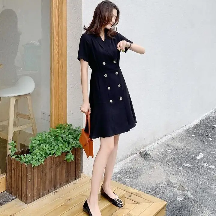 

French Summer Casual Dresses Chic Short Party Women Office Dress Solid Color V-neck Mini Dress Ol Ladies Work Shirt Blouse Tops