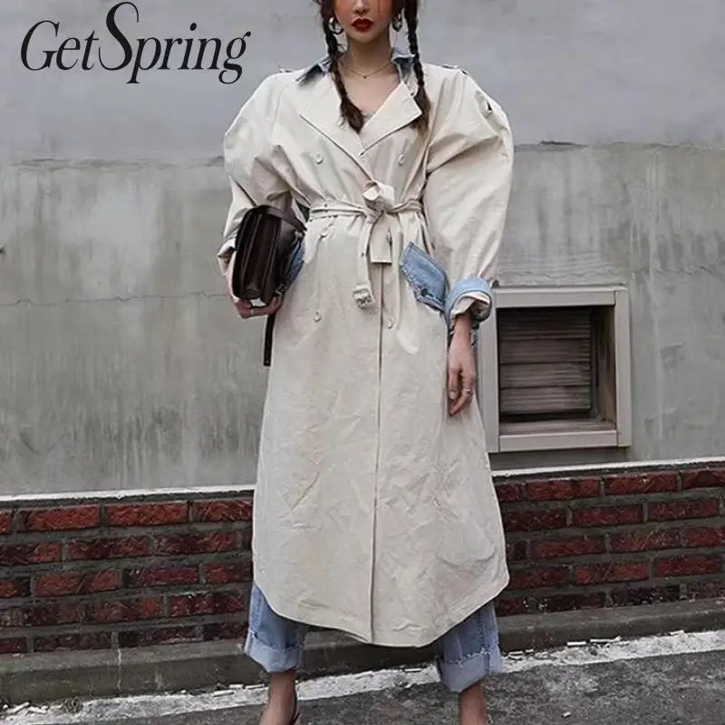 GETSPRIGN Женское пальто женские тренчи джинсовые Лоскутные Необычные негабаритные