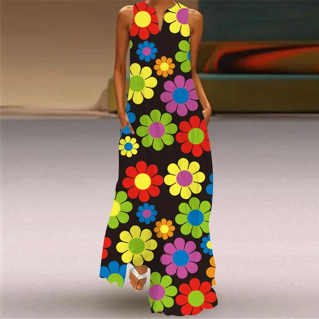 2023 Retro Floral Maxi V-Neck Sexy Female Long DressesWomen Dress Summer Fashion Print Sleeveless Pocket Loose Dress 5