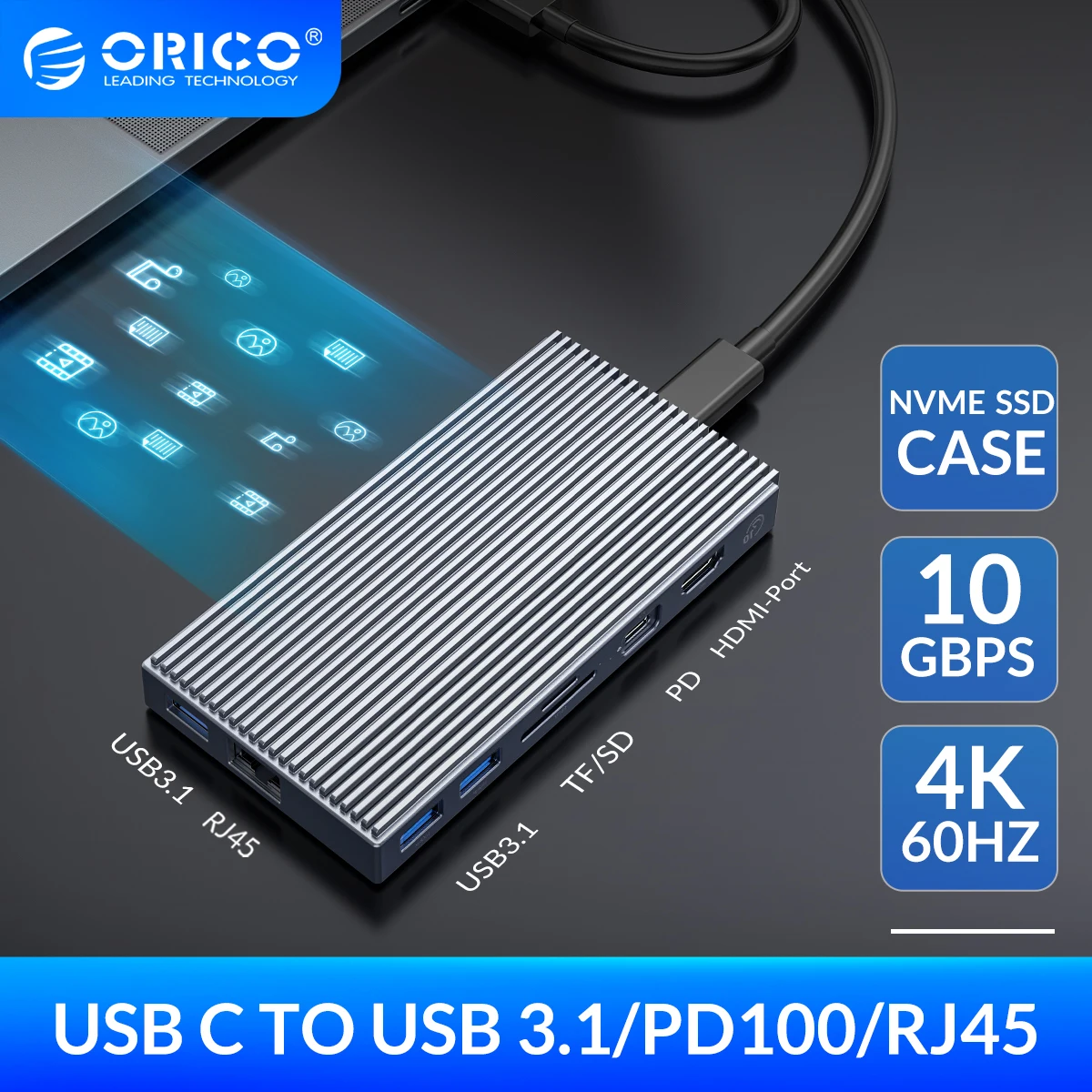 

ORICO USB C HUB with External M.2 NVMe SSD Enclosure to 4K60Hz USB 3.1 10Gbps PD100 Charging RJ45 Adapter Type-C Docking Station
