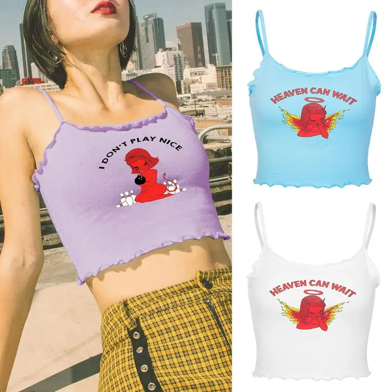 

Женский сексуальный укороченный топ на тонких бретельках, с оборками, с рисунком милого маленького дьявола, с буквенным принтом, Харадзюку, ...