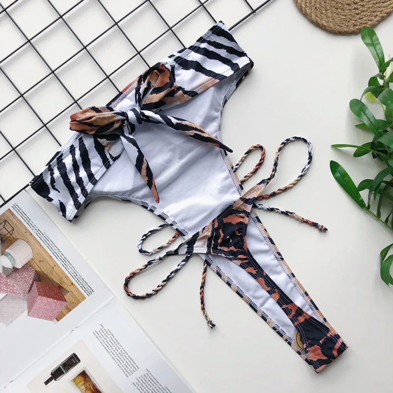Тигровая полоса печати бандо спинки сексуальный цельный бикини стринги